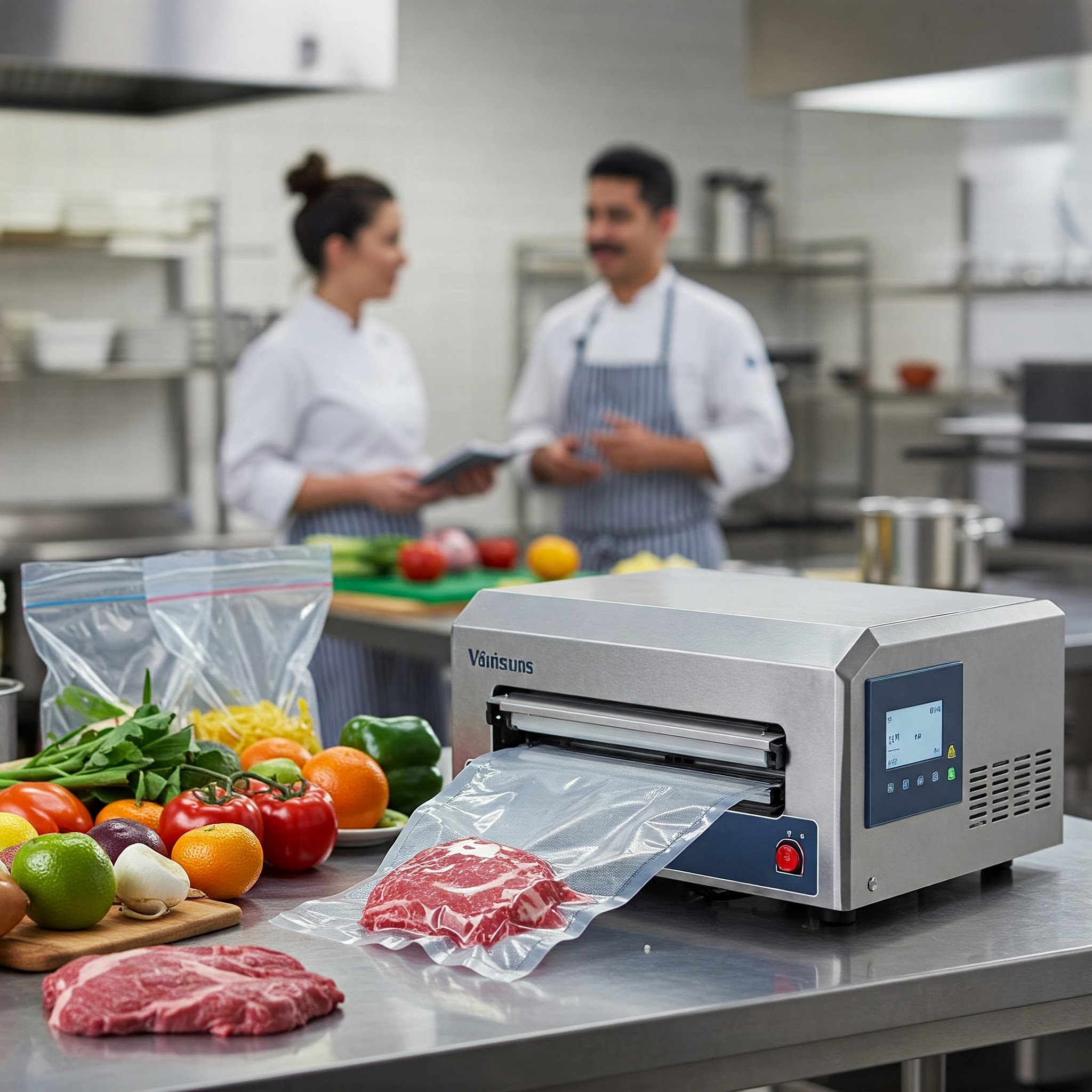 Vákuumcsomagoló gép előtt az élelmiszerek várnak a becsomagolásra